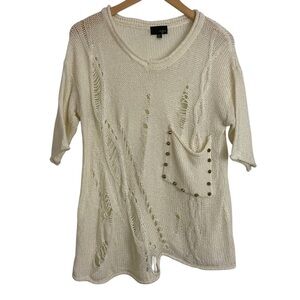 Umgee Jr. Oversized Distressed Ripped Sweater Studded Detail Cream Knit Sz S/M